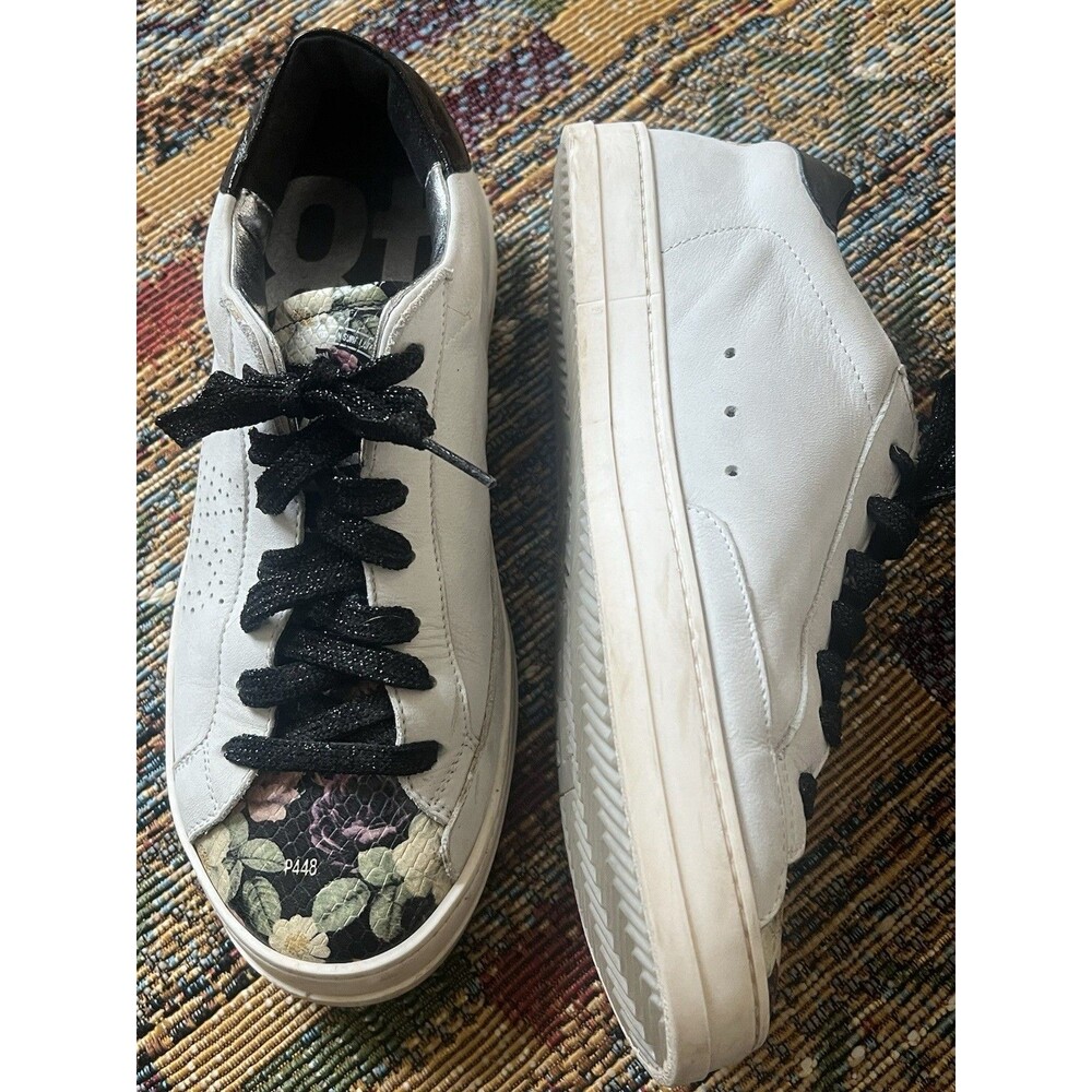 P448 Women's Leather Low-Top Lace-Up Sneaker White Floral Print Sz 38 /7.5